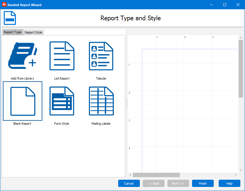 Banded Report Wizard dialog with the List Report Type selected.